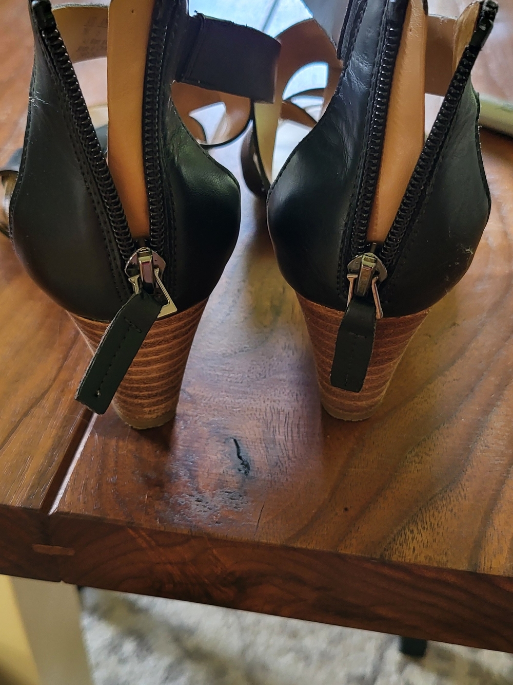 Women Black Leather Zip-Back Wedge Sandals